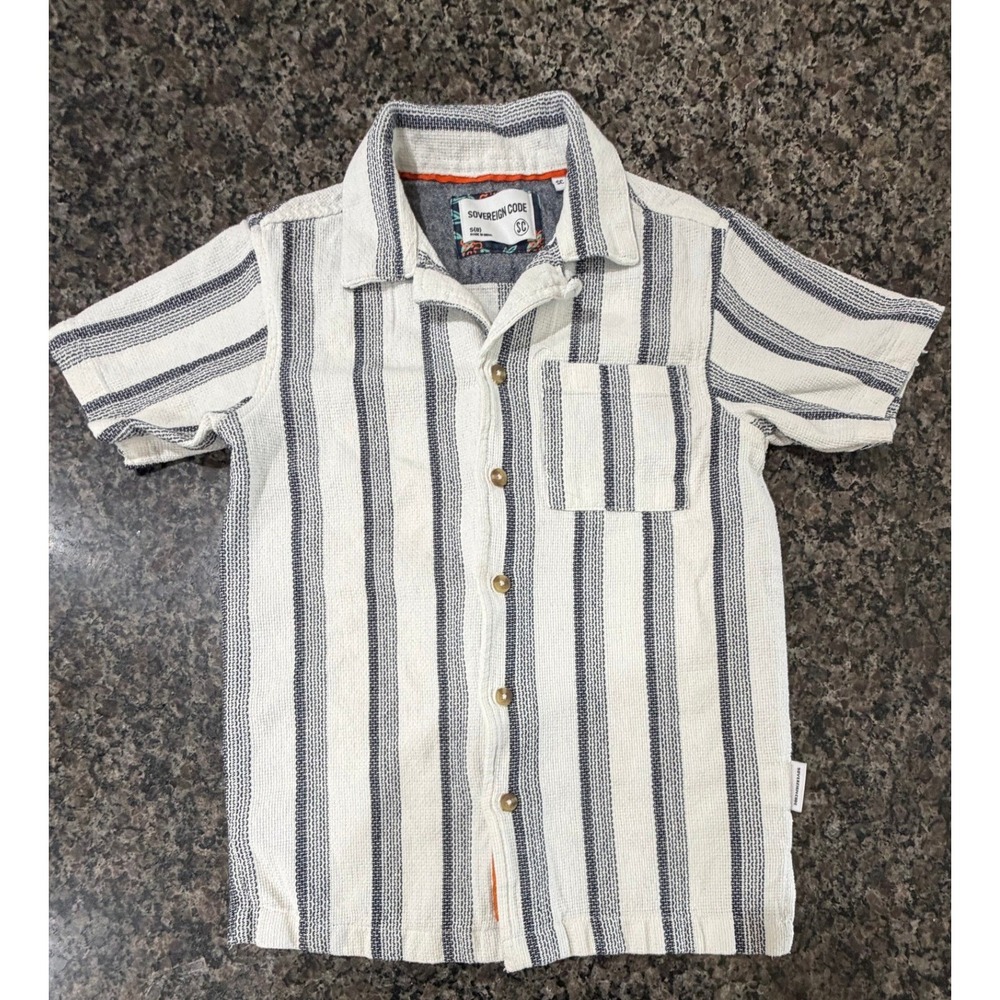 Sovereign Code‎ Boys Striped Short Sleeve Button Down Shirt Blue White Size S 8